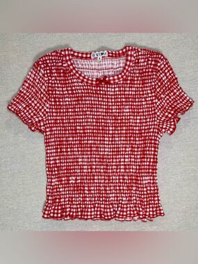 New Love | Red & White Gingham Shirred Short Sleeve Top | Medium
